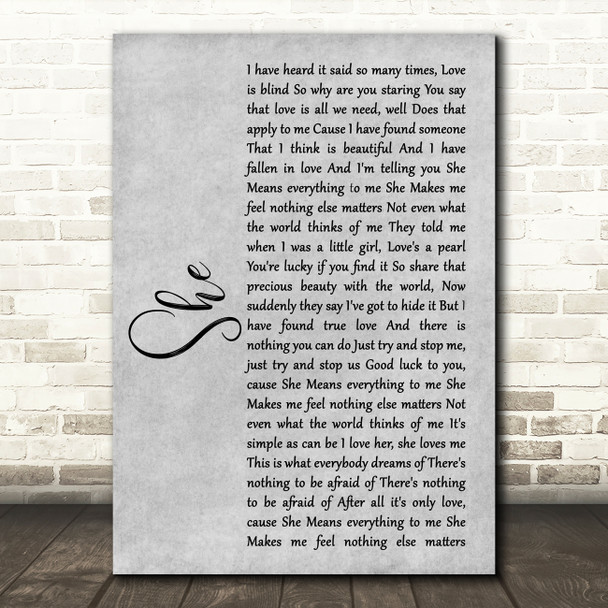 Jen foster She Rustic Script Grey Song Lyric Quote Print