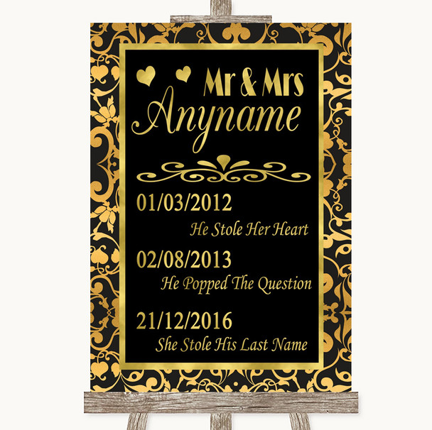 Black & Gold Damask Important Special Dates Personalized Wedding Sign
