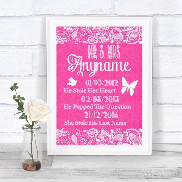 Bright Pink Burlap & Lace Important Special Dates Personalized Wedding Sign