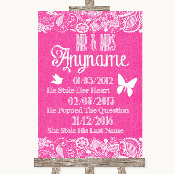 Bright Pink Burlap & Lace Important Special Dates Personalized Wedding Sign