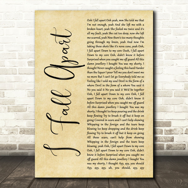 Post Malone I Fall Apart Rustic Script Song Lyric Print