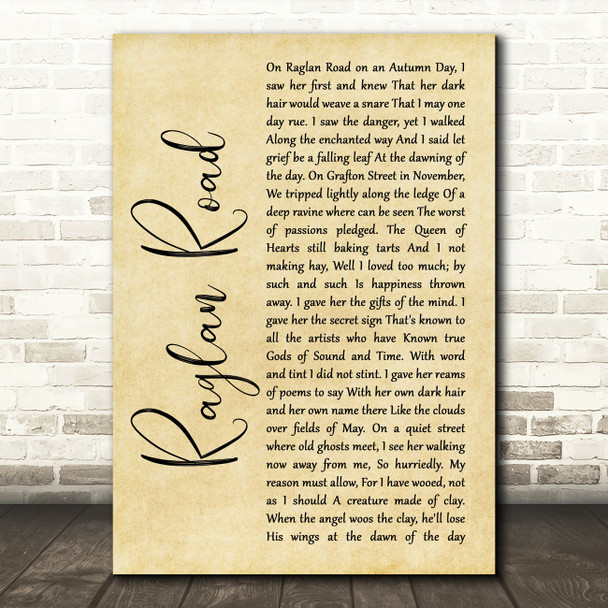 Van Morrison Raglan Road Rustic Script Song Lyric Print