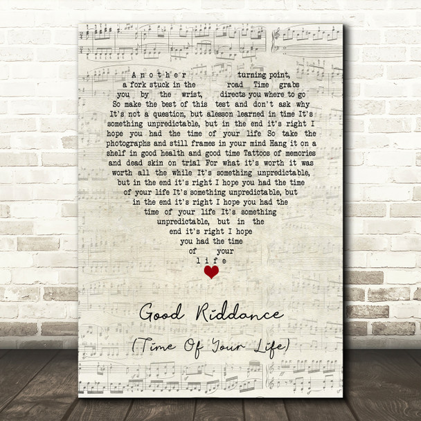 Green Day Good Riddance (Time Of Your Life) Script Heart Song Lyric Print