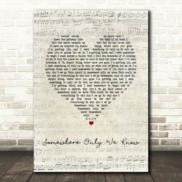 Keane Somewhere Only We Know Script Heart Song Lyric Print