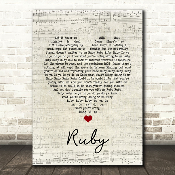 Kaiser Chiefs Ruby Script Heart Song Lyric Print