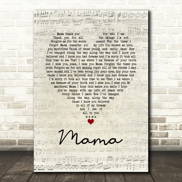 Il Divo Mama Script Heart Song Lyric Print