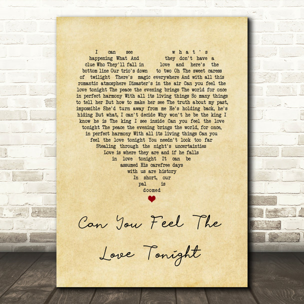 The Lion King Can You Feel The Love Tonight Vintage Heart Song Lyric Print