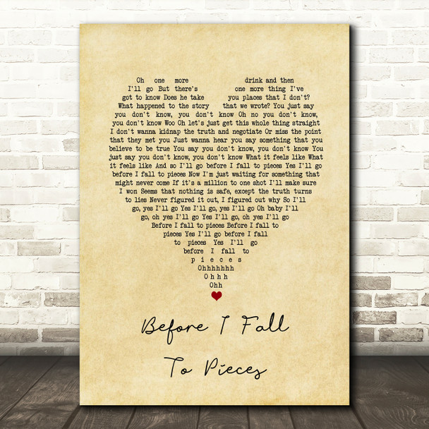 Razorlight Before I Fall To Pieces Vintage Heart Song Lyric Print