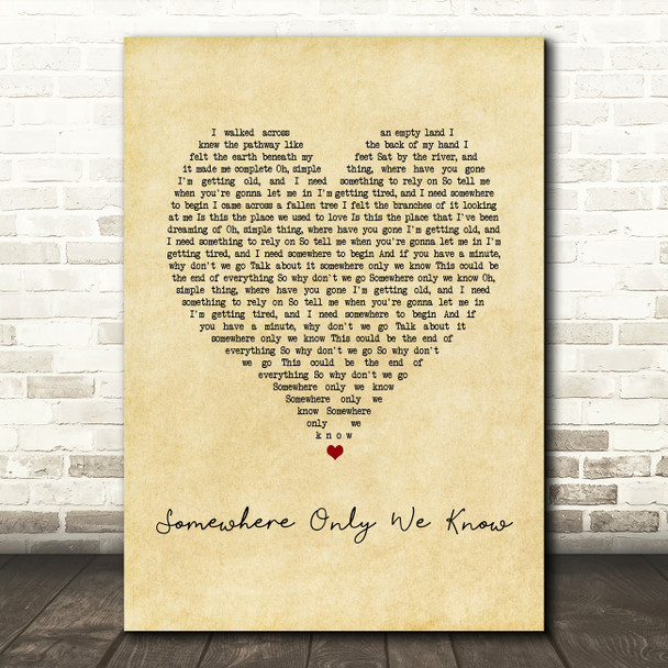 Keane Somewhere Only We Know Vintage Heart Song Lyric Print