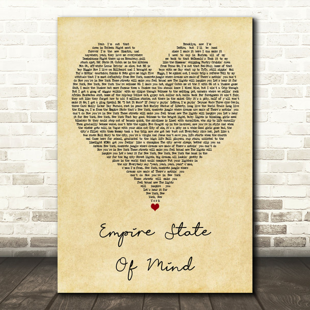 Jay-Z feat Alicia Keys Empire State Of Mind Vintage Heart Song Lyric Print