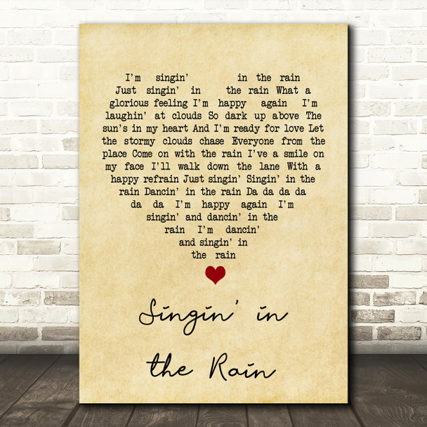 Gene Kelly Singin' in the Rain Vintage Heart Song Lyric Print