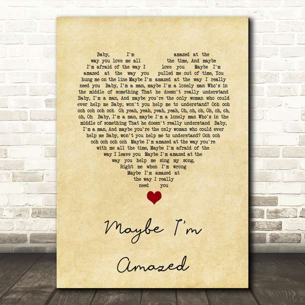 Paul McCartney Maybe I'm Amazed Vintage Heart Song Lyric Print