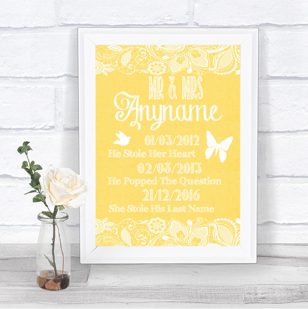 Yellow Burlap & Lace Important Special Dates Personalized Wedding Sign