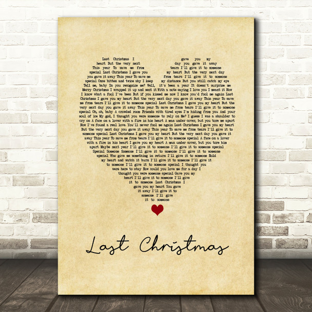 Wham! Last Christmas Vintage Heart Song Lyric Print