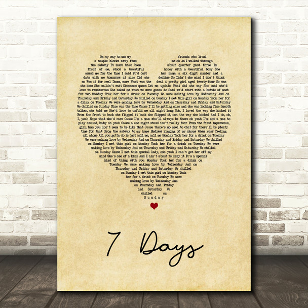 Craig David 7 Days Vintage Heart Song Lyric Print