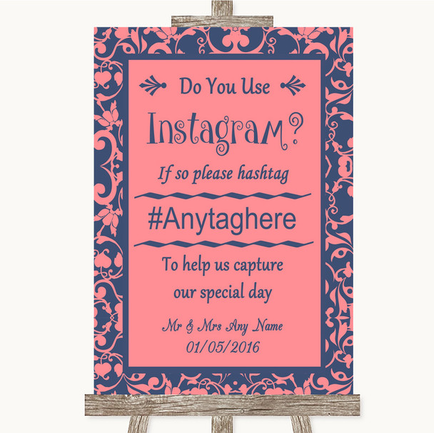 Coral Pink & Blue Instagram Photo Sharing Personalized Wedding Sign