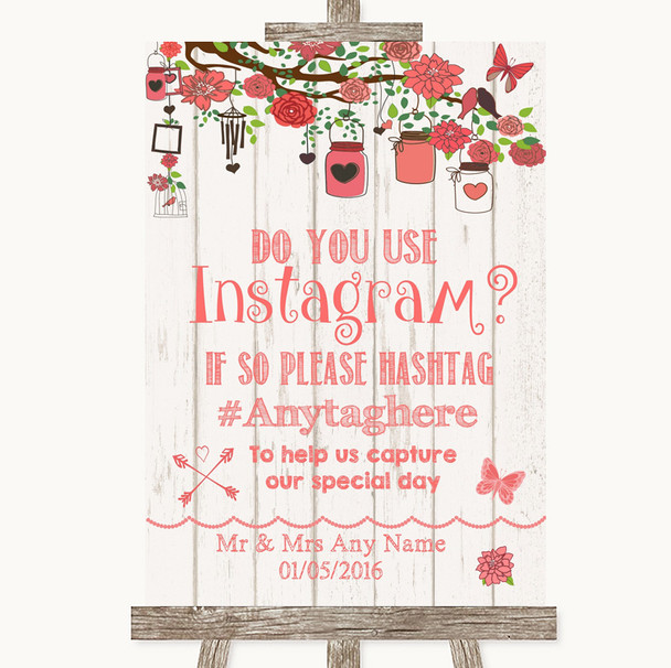 Coral Rustic Wood Instagram Photo Sharing Personalized Wedding Sign