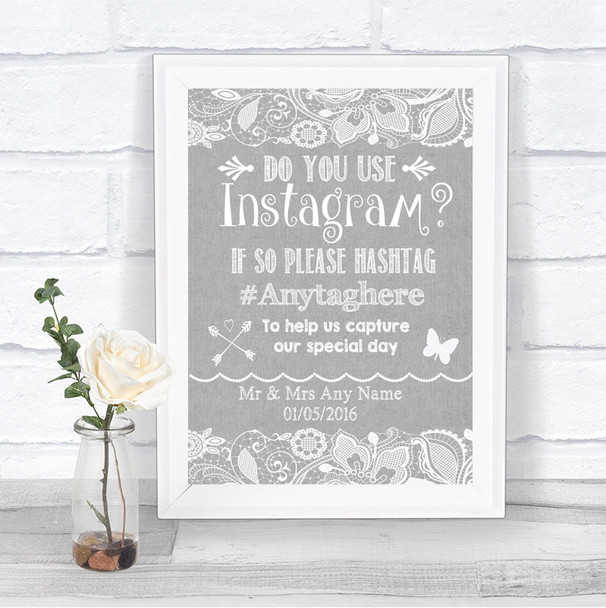 Grey Burlap & Lace Instagram Photo Sharing Personalized Wedding Sign