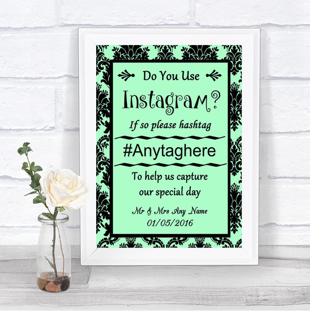 Mint Green Damask Instagram Photo Sharing Personalized Wedding Sign