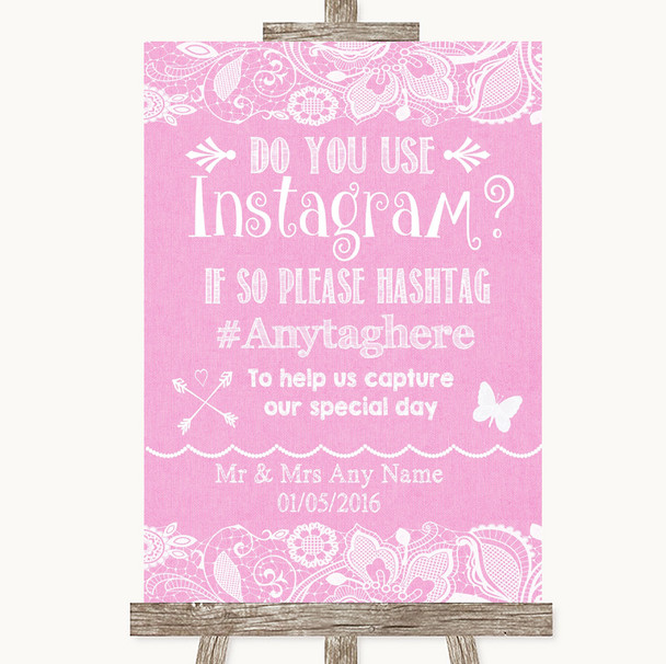 Pink Burlap & Lace Instagram Photo Sharing Personalized Wedding Sign