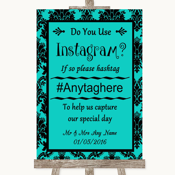 Turquoise Damask Instagram Photo Sharing Personalized Wedding Sign