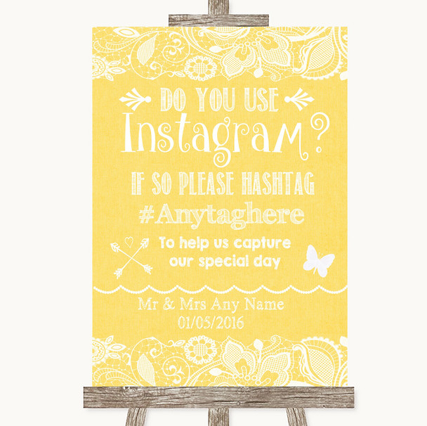 Yellow Burlap & Lace Instagram Photo Sharing Personalized Wedding Sign