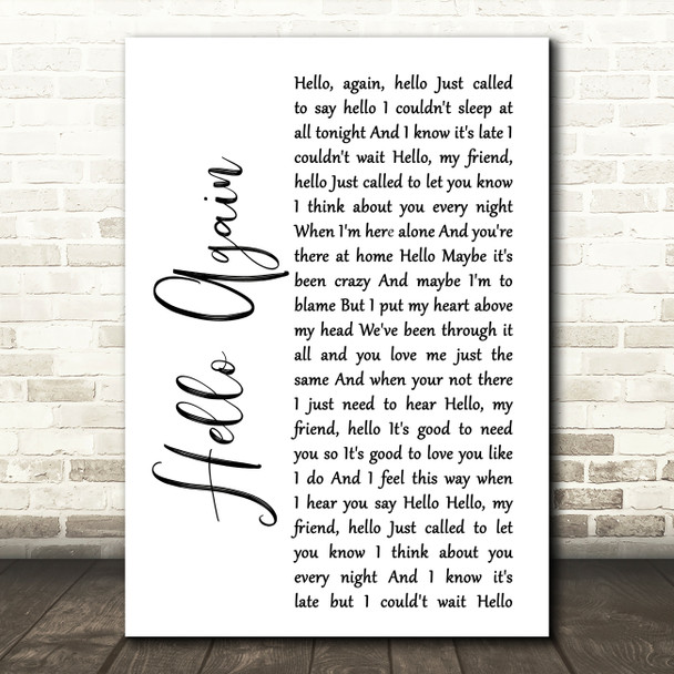 Neil Diamond Hello Again White Script Song Lyric Print