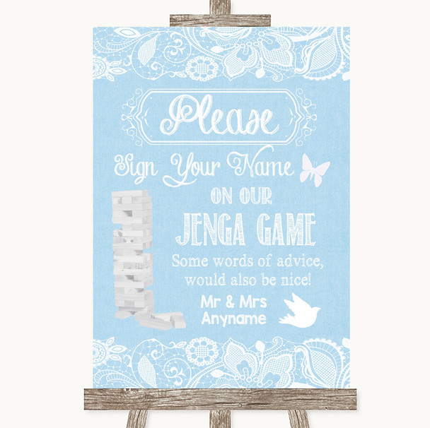 Blue Burlap & Lace Jenga Guest Book Personalized Wedding Sign