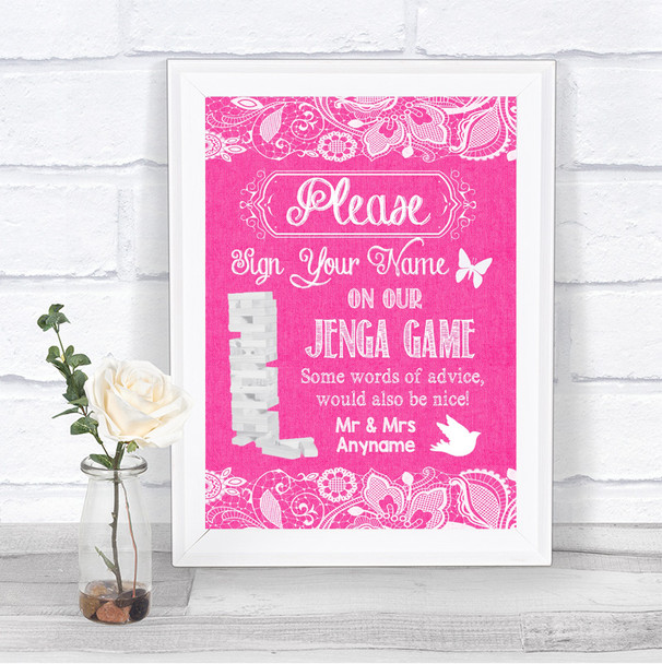 Bright Pink Burlap & Lace Jenga Guest Book Personalized Wedding Sign