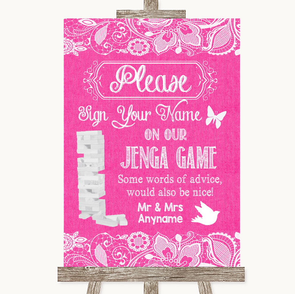 Bright Pink Burlap & Lace Jenga Guest Book Personalized Wedding Sign