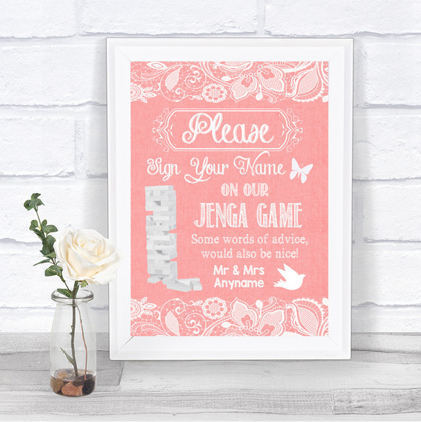 Coral Burlap & Lace Jenga Guest Book Personalized Wedding Sign