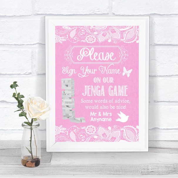 Pink Burlap & Lace Jenga Guest Book Personalized Wedding Sign