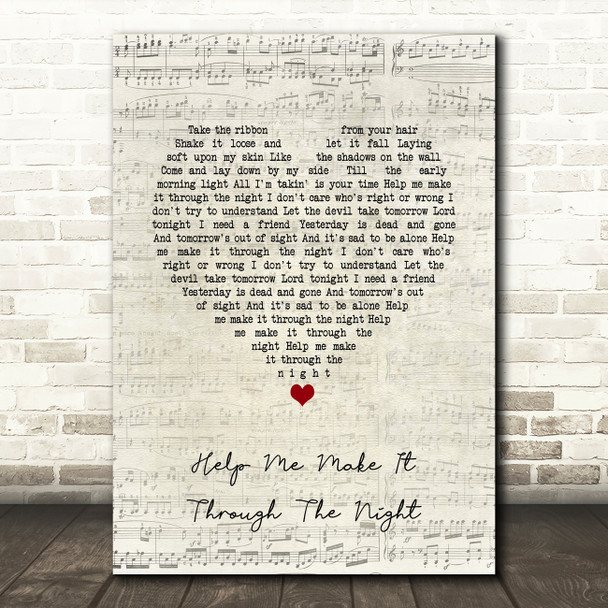John Holt Help Me Make It Through The Night Script Heart Song Lyric Quote Music Poster Print