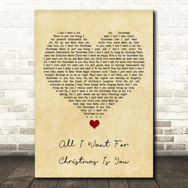 Mariah Carey All I Want For Christmas Is You Vintage Heart Song Lyric Quote Music Poster Print