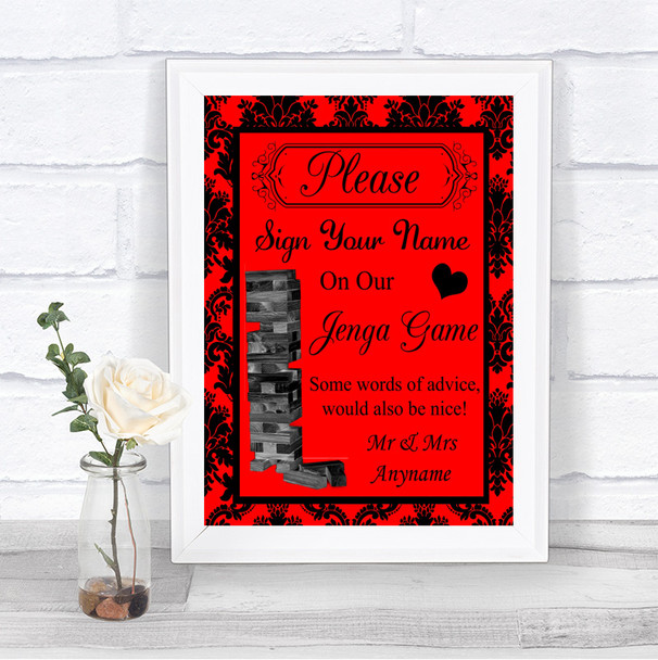 Red Damask Jenga Guest Book Personalized Wedding Sign