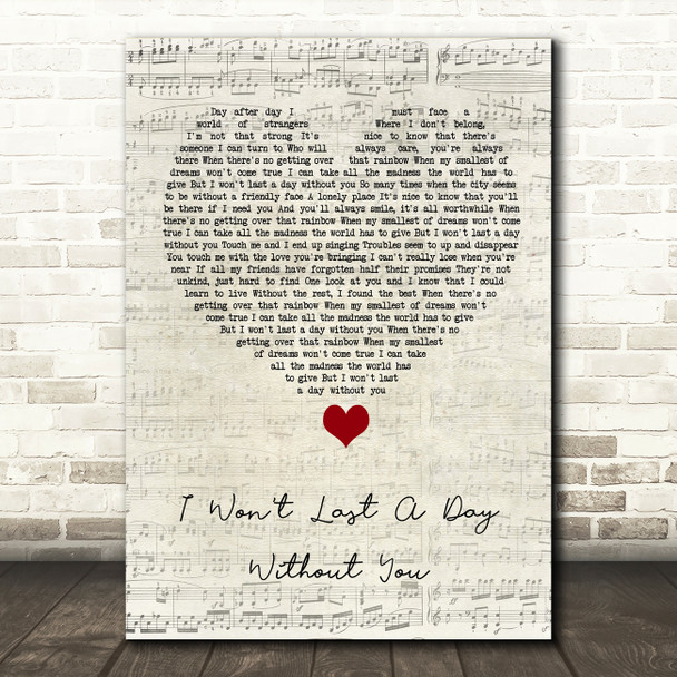 The Carpenters I Won't Last A Day Without You Script Heart Song Lyric Quote Music Poster Print