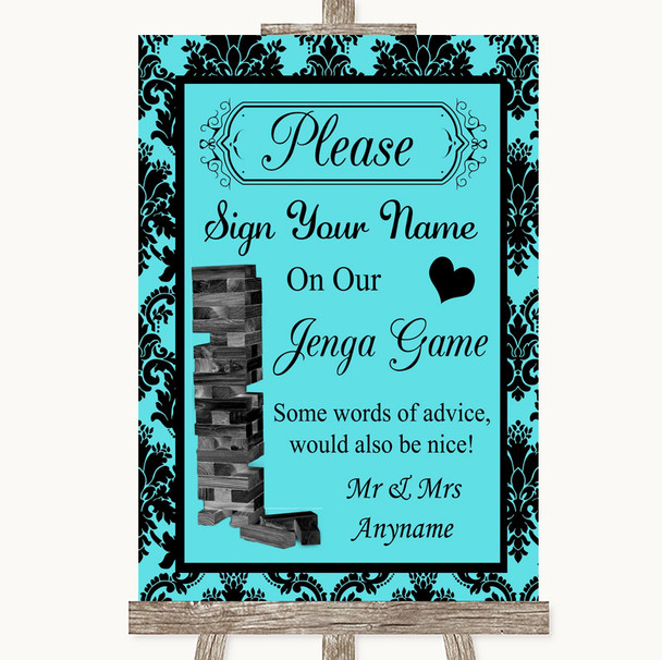 Tiffany Blue Damask Jenga Guest Book Personalized Wedding Sign