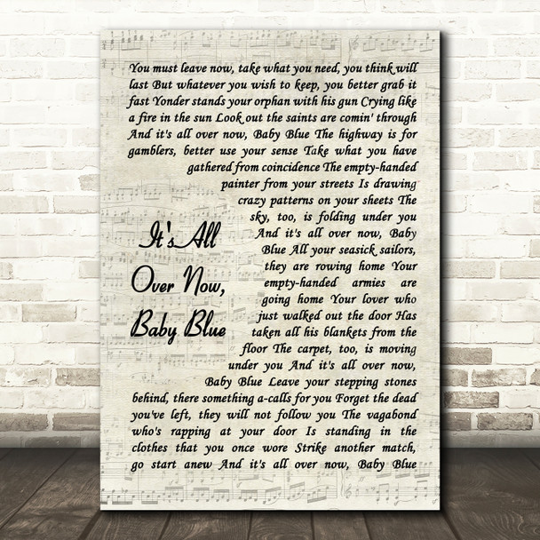 Bob Dylan It's All Over Now, Baby Blue Vintage Script Song Lyric Quote Music Poster Print