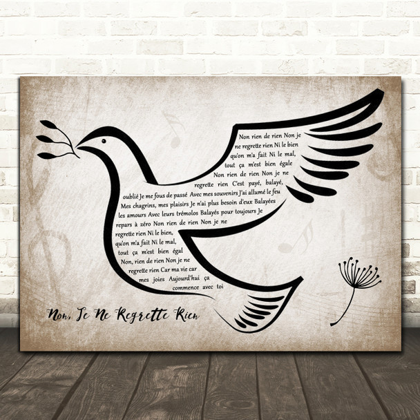 Edith Piaf Non, Je Ne Regrette Rien Vintage Dove Bird Song Lyric Quote Music Poster Print