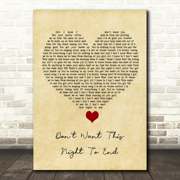 Luke Bryan Don't Want This Night To End Vintage Heart Song Lyric Quote Music Poster Print