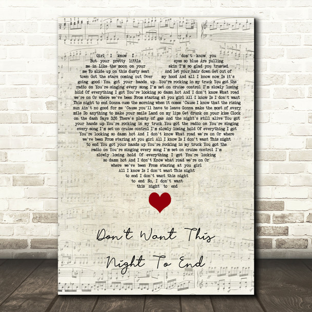 Luke Bryan Don't Want This Night To End Script Heart Song Lyric Quote Music Poster Print