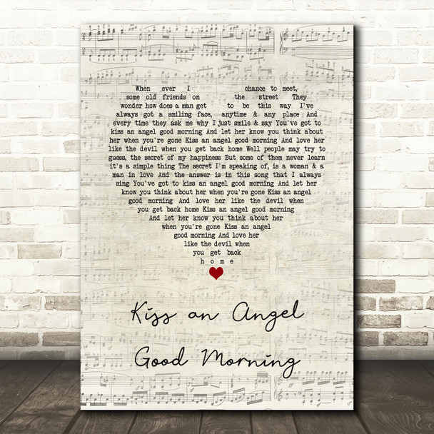 Charlie Pride Kiss an Angel Good Morning Script Heart Song Lyric Quote Music Poster Print