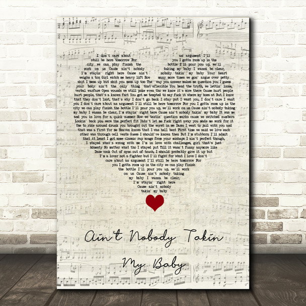 Russ Ain't Nobody Takin My Baby Script Heart Song Lyric Quote Music Poster Print