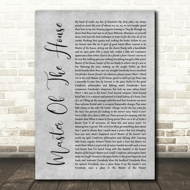 Les Miserables Cast Master Of The House Grey Rustic Script Song Lyric Quote Music Poster Print
