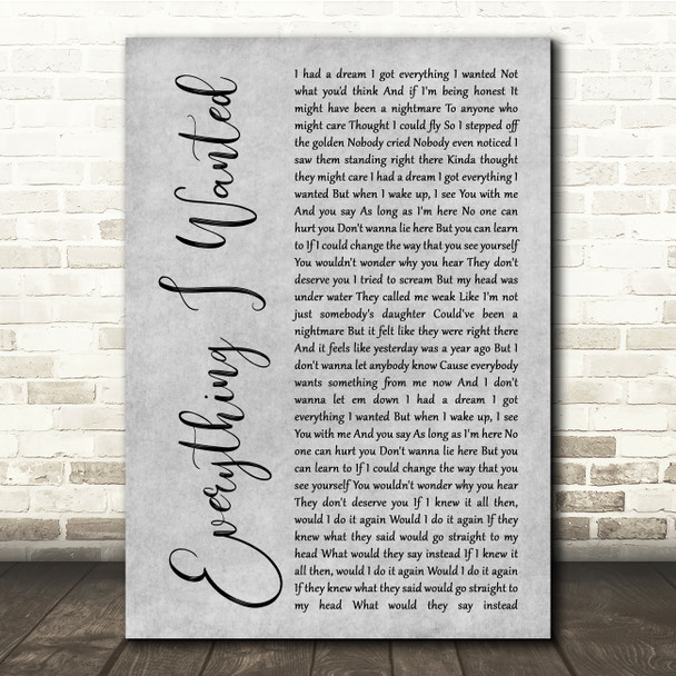 Billie Eilish Everything I Wanted Grey Rustic Script Song Lyric Quote Music Poster Print