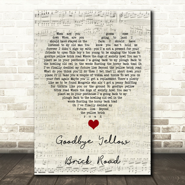 Elton John Goodbye Yellow Brick Road Script Heart Song Lyric Quote Music Poster Print