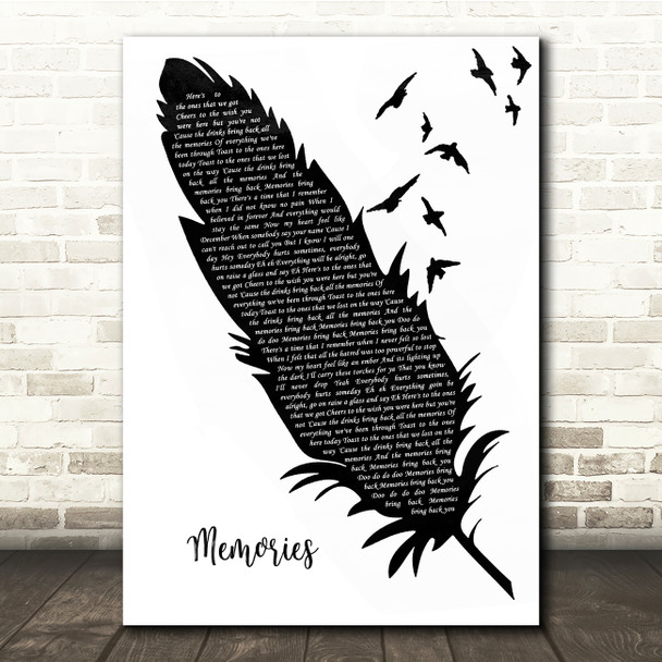 Maroon 5 Memories Black & White Feather & Birds Song Lyric Quote Music Poster Print