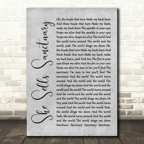 The Cult She Sells Sanctuary Grey Rustic Script Song Lyric Quote Music Poster Print