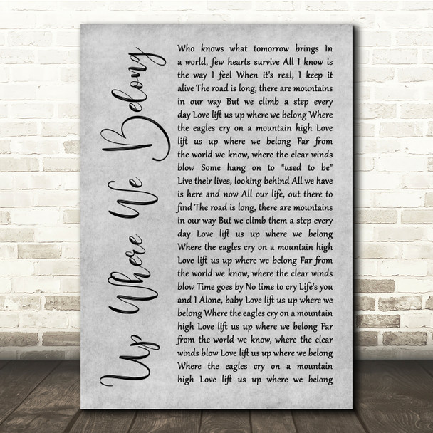 Joe Cocker Up Where We Belong Grey Rustic Script Song Lyric Quote Music Poster Print