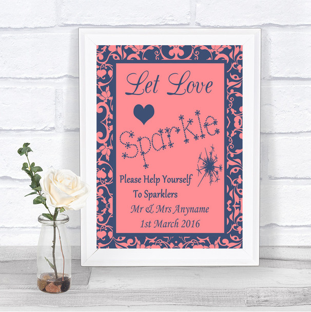 Coral Pink & Blue Let Love Sparkle Sparkler Send Off Personalized Wedding Sign